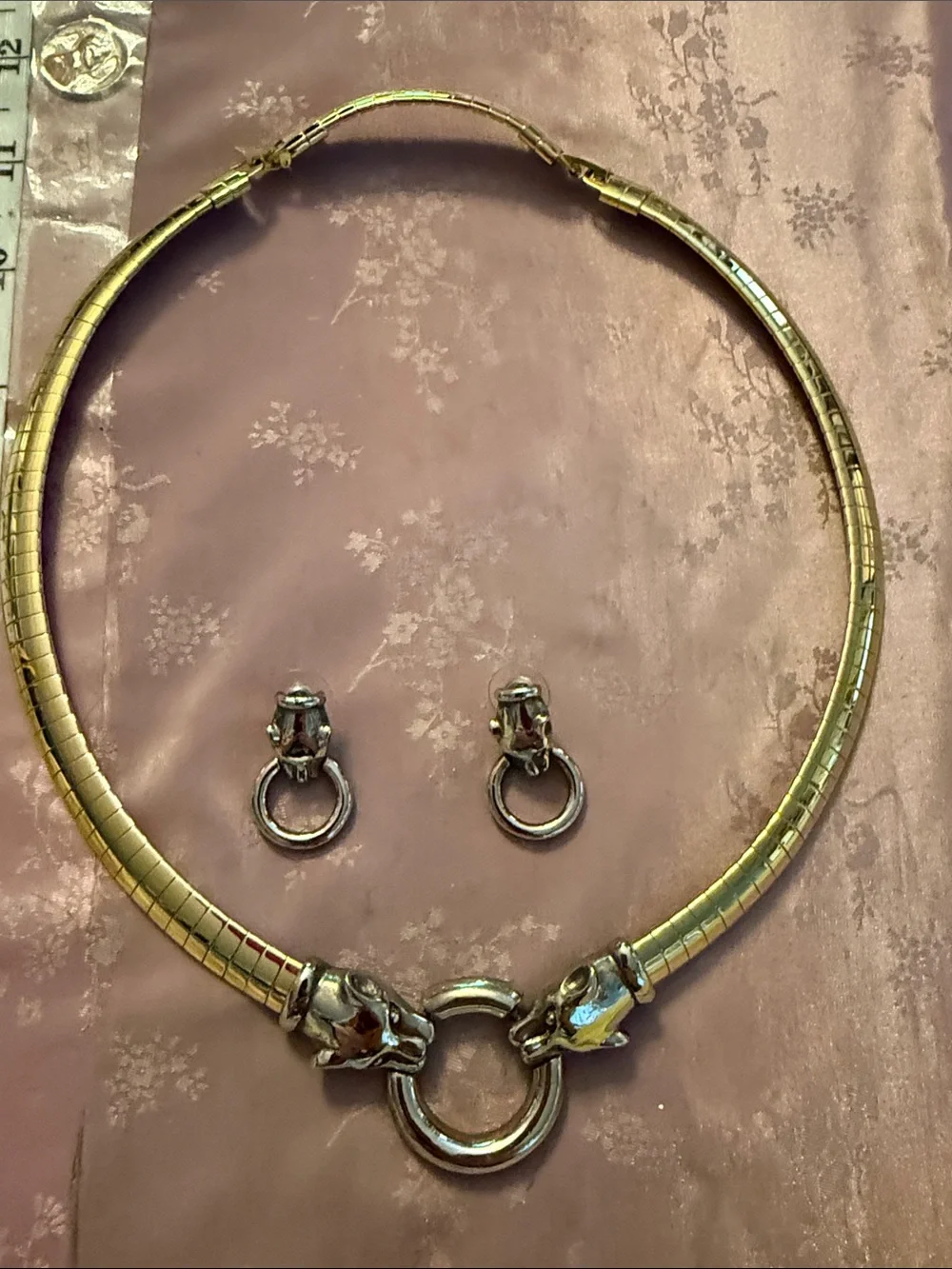 Designer inspired two-Tone panther Necklace and Hoop Drop Earrings